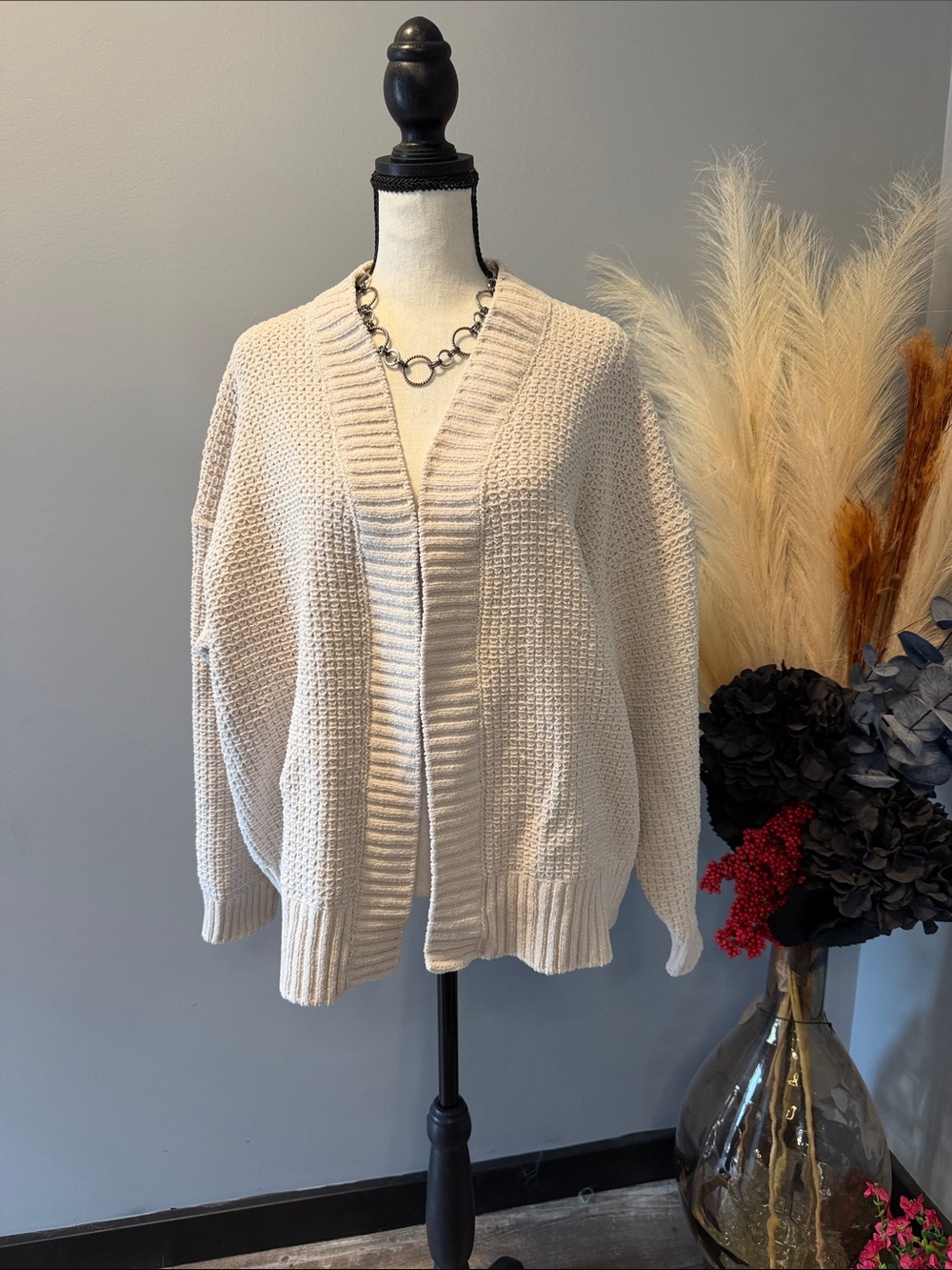 Time and Tru Cream Open-Front Waffle Knit Cardigan Sweater